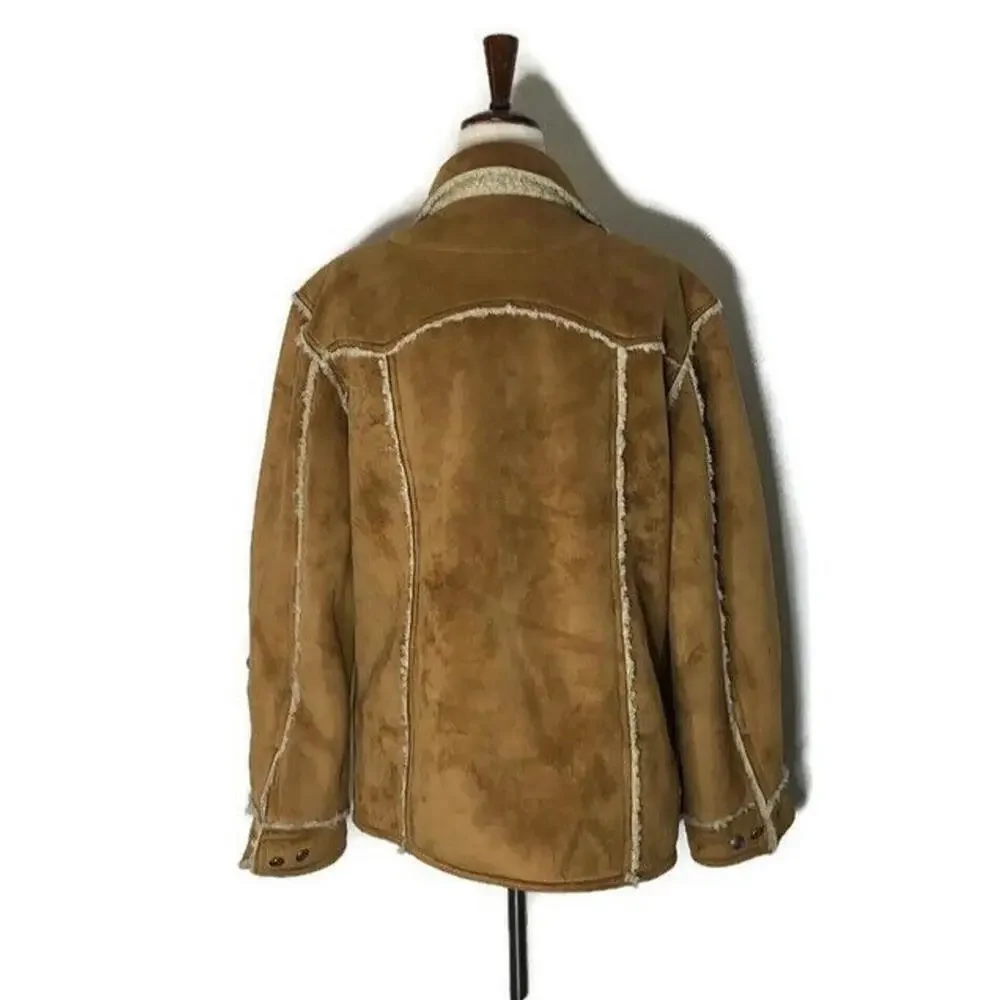 Vtg Back In The Saddle Brown Faux Suede Button Front Sherpa Lined Jacket L NWOT - Picture 3 of 7